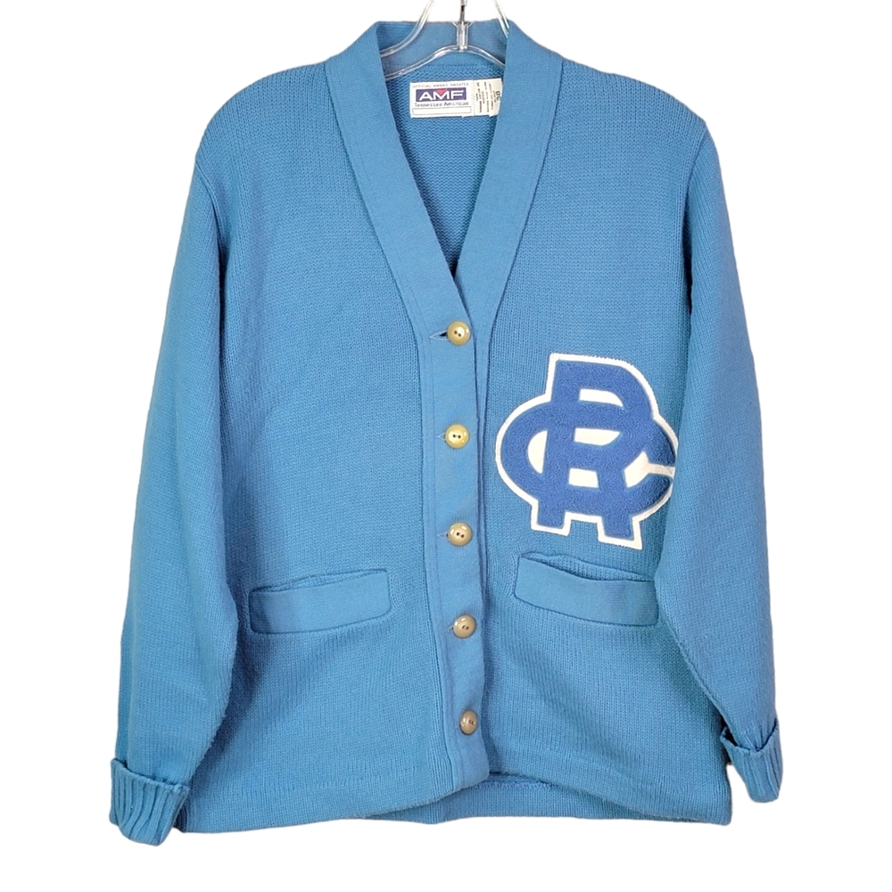 Cedar Rapids Jefferson J-Hawks Vintage Baby Blue Patched Letterman Sweater 38 - Picture 2 of 12